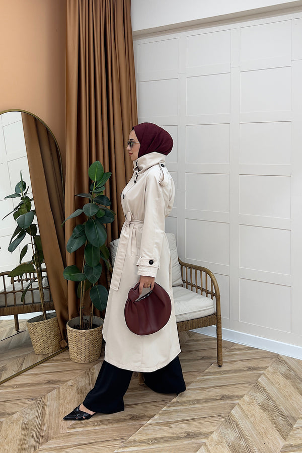 Elora Kuşaklı Uzun Trençkot Taş 5535-TAS