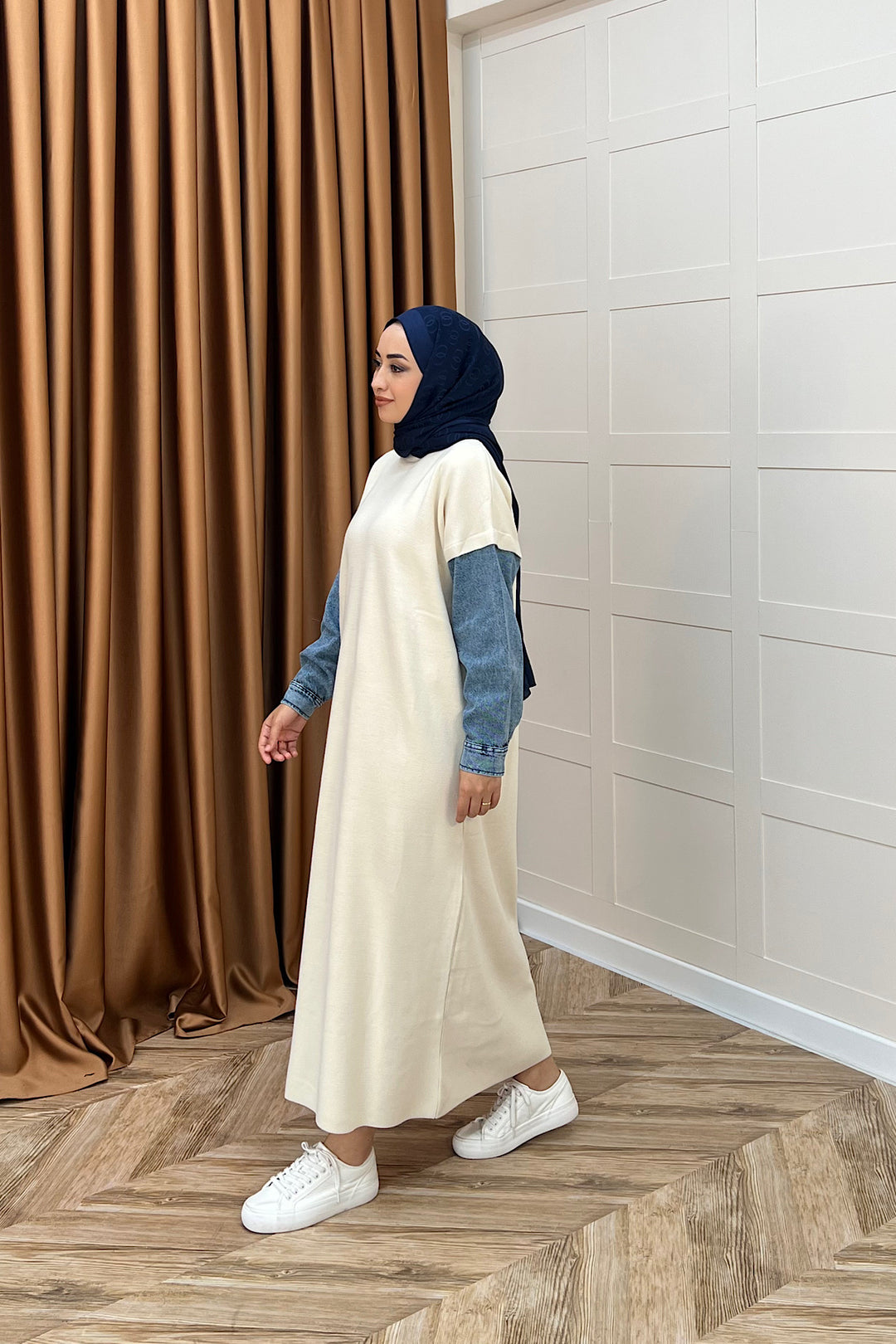 Kolları Kot Detay Triko Elbise Ekru 241200-EKRU