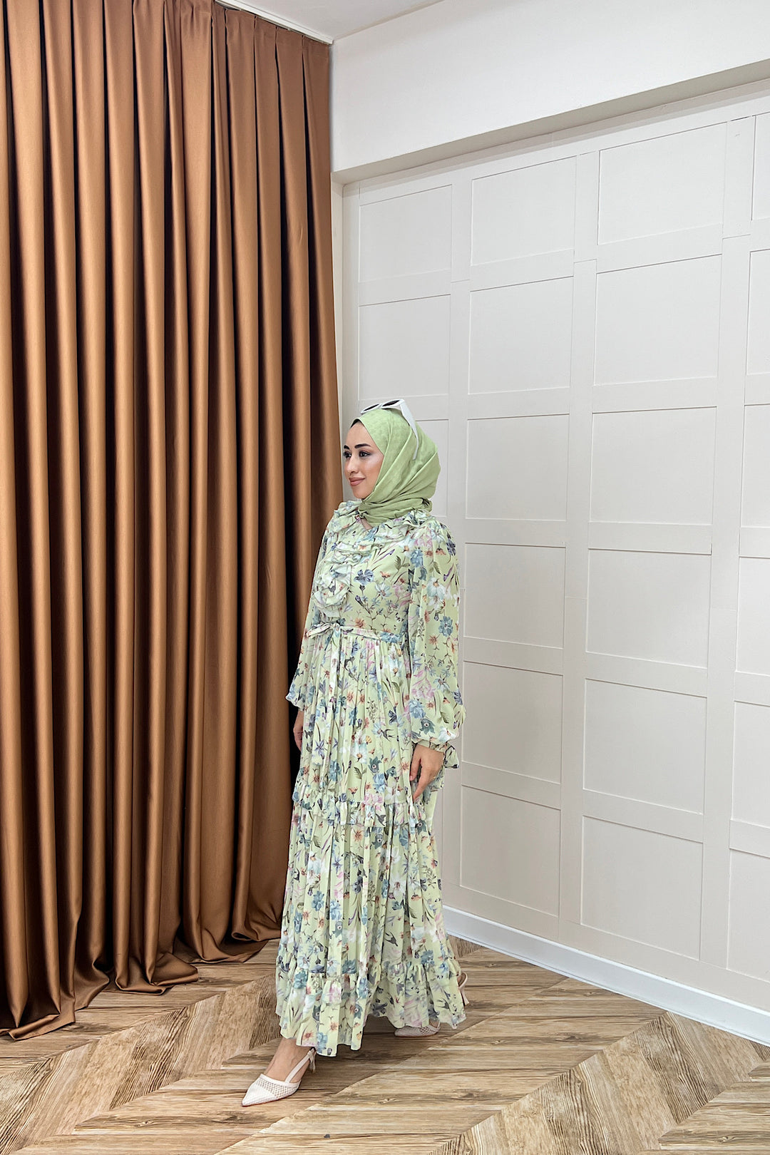Loreno Yaka Detay Elbise Yeşil 03054-YESIL