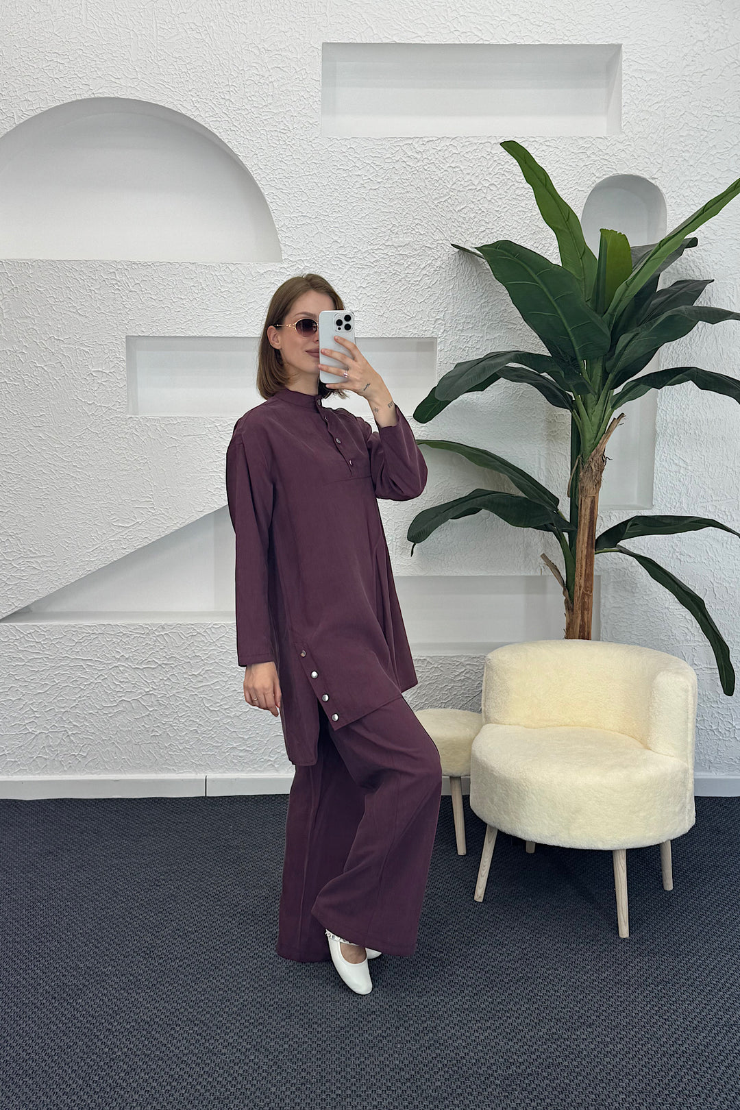 Yanları Çıtçıtlı Tesla Takım Mürdüm 1947-MURDUM