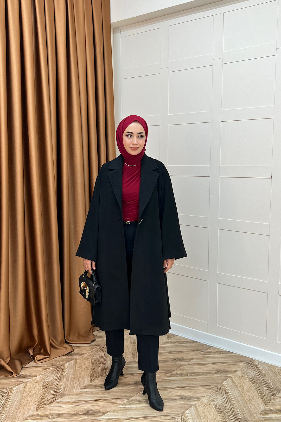 Yıldız Premium Kumaş Kuşaklı Kaban Siyah 5515-SIYAH