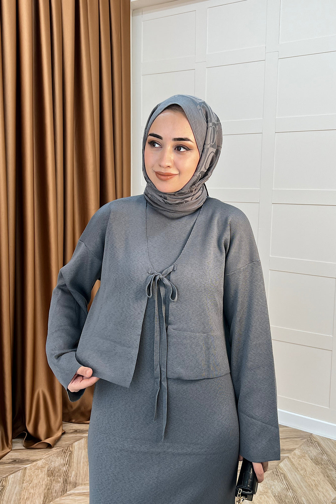 Ester Croplu İkili Triko Elbise Gri 25160-GRİ