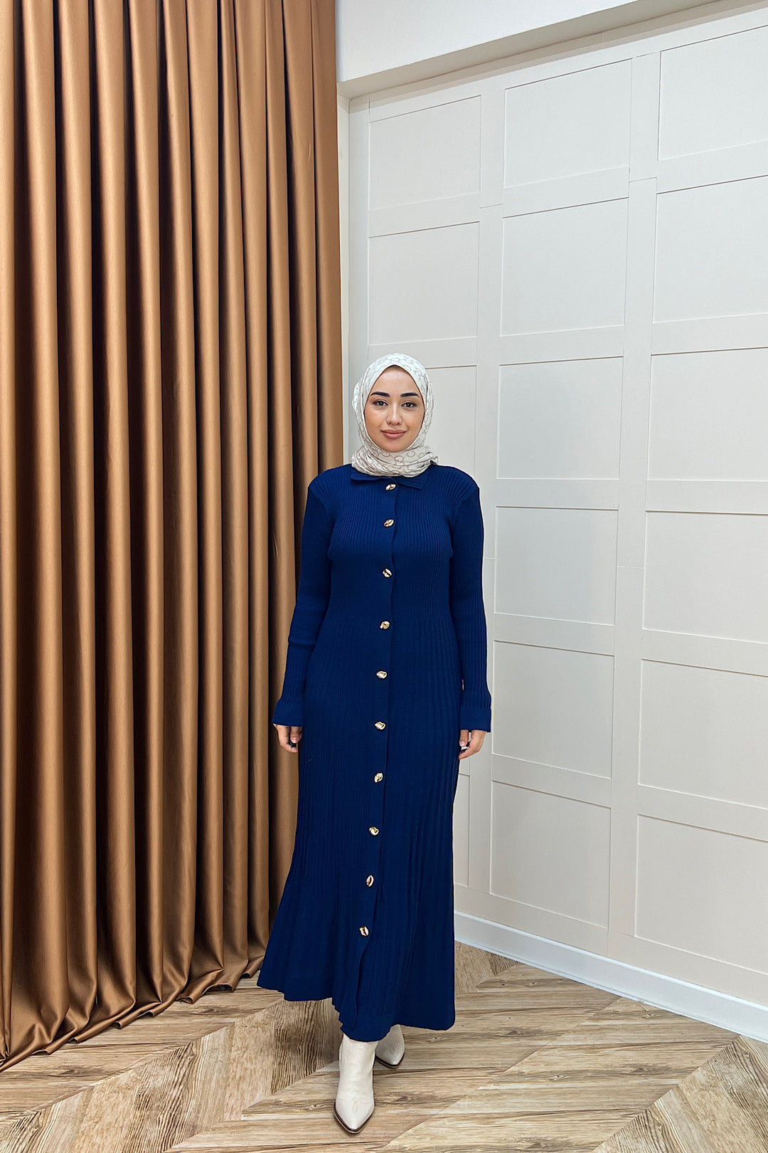 Endam Düğmeli Triko Elbise Lacivert 10201-LACIVERT