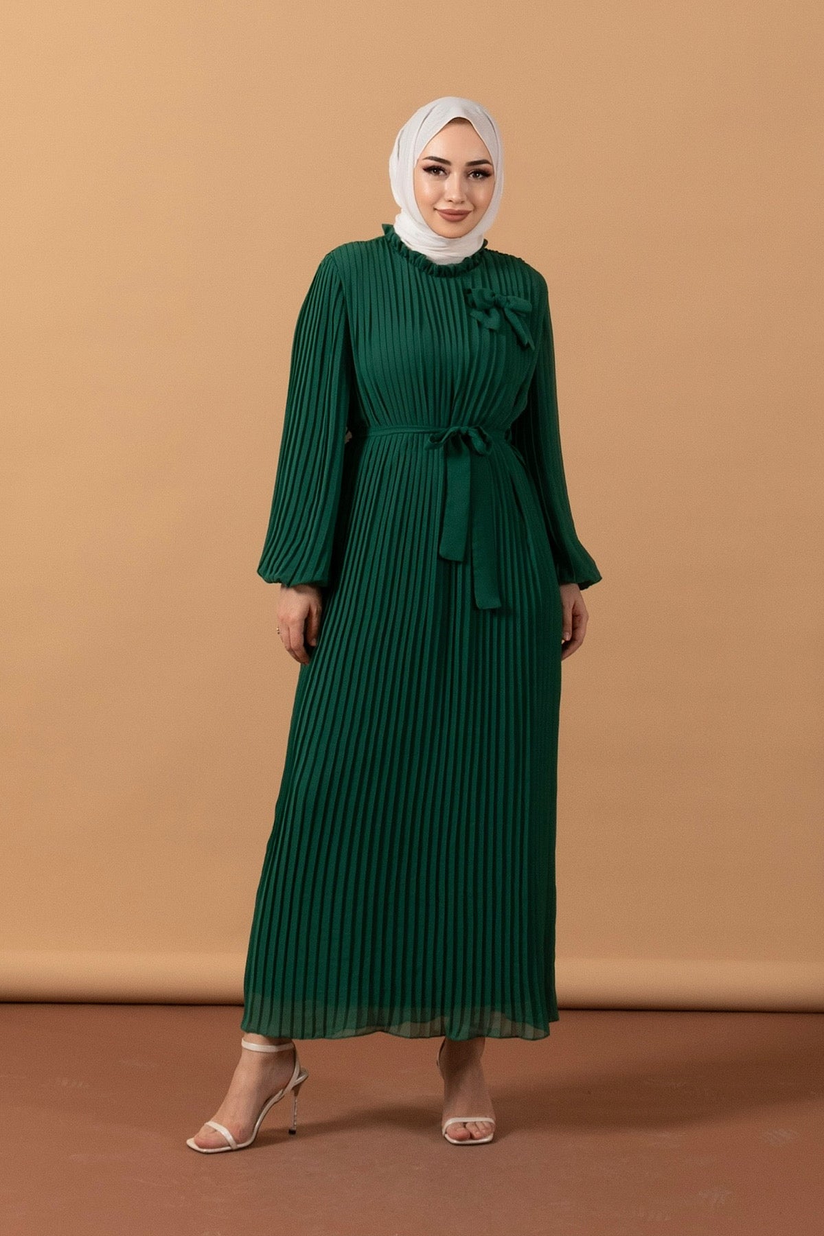 Loreno Piliseli Şifon Elbise Zümrüt 3030-ZUMRUT