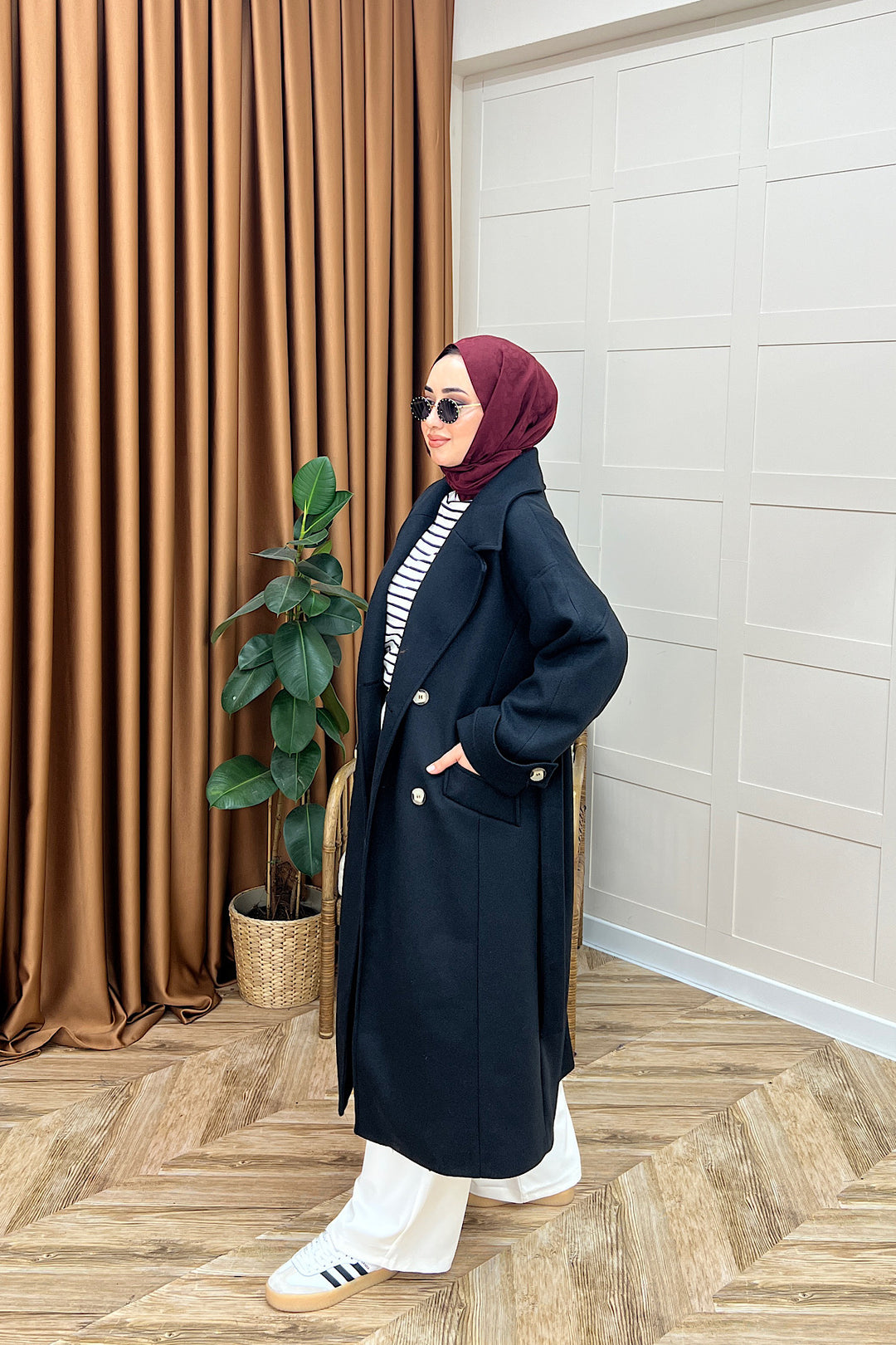 Lara Kuşaklı Kaşe Kaban Siyah 5541-SIYAH