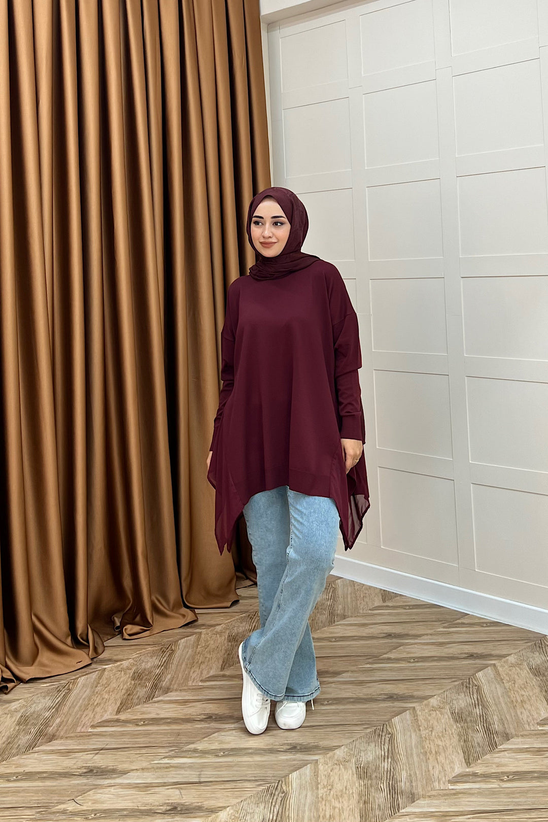 Hüda Şifon Detaylı Triko Tunik Bordo 24290-BORDO