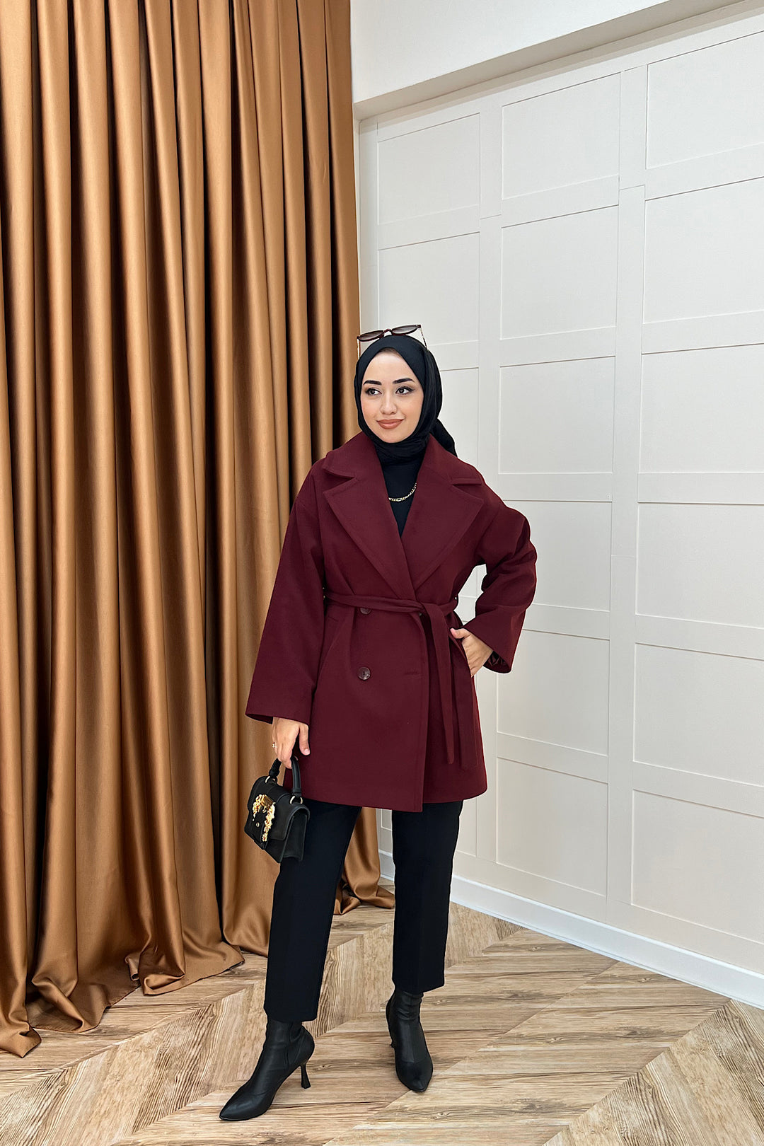 Nuve Premium Kuşaklı Kaban Bordo 5514-BORDO