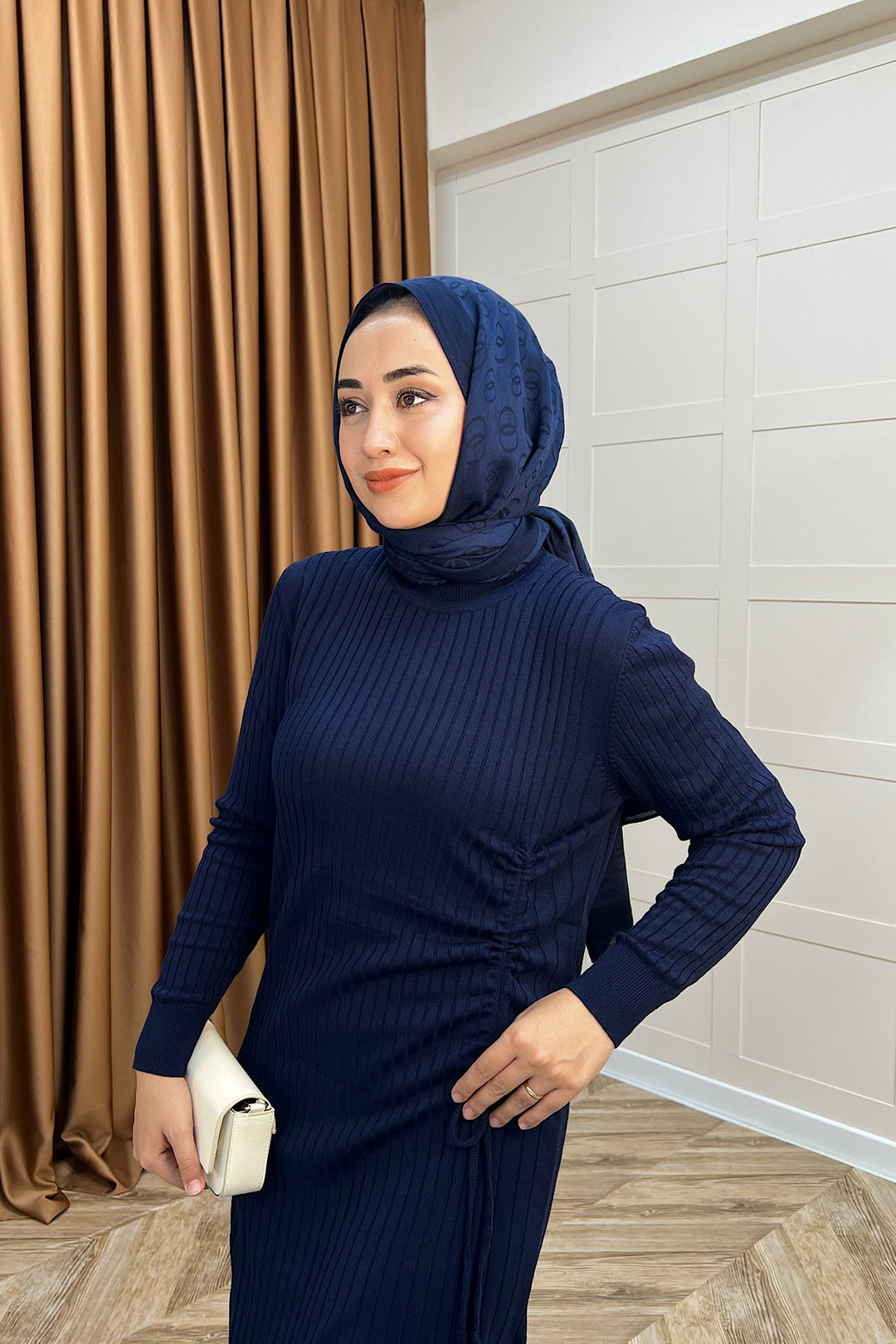 Yandan Büzgülü Triko Elbise Lacivert 24870-LACIVERT