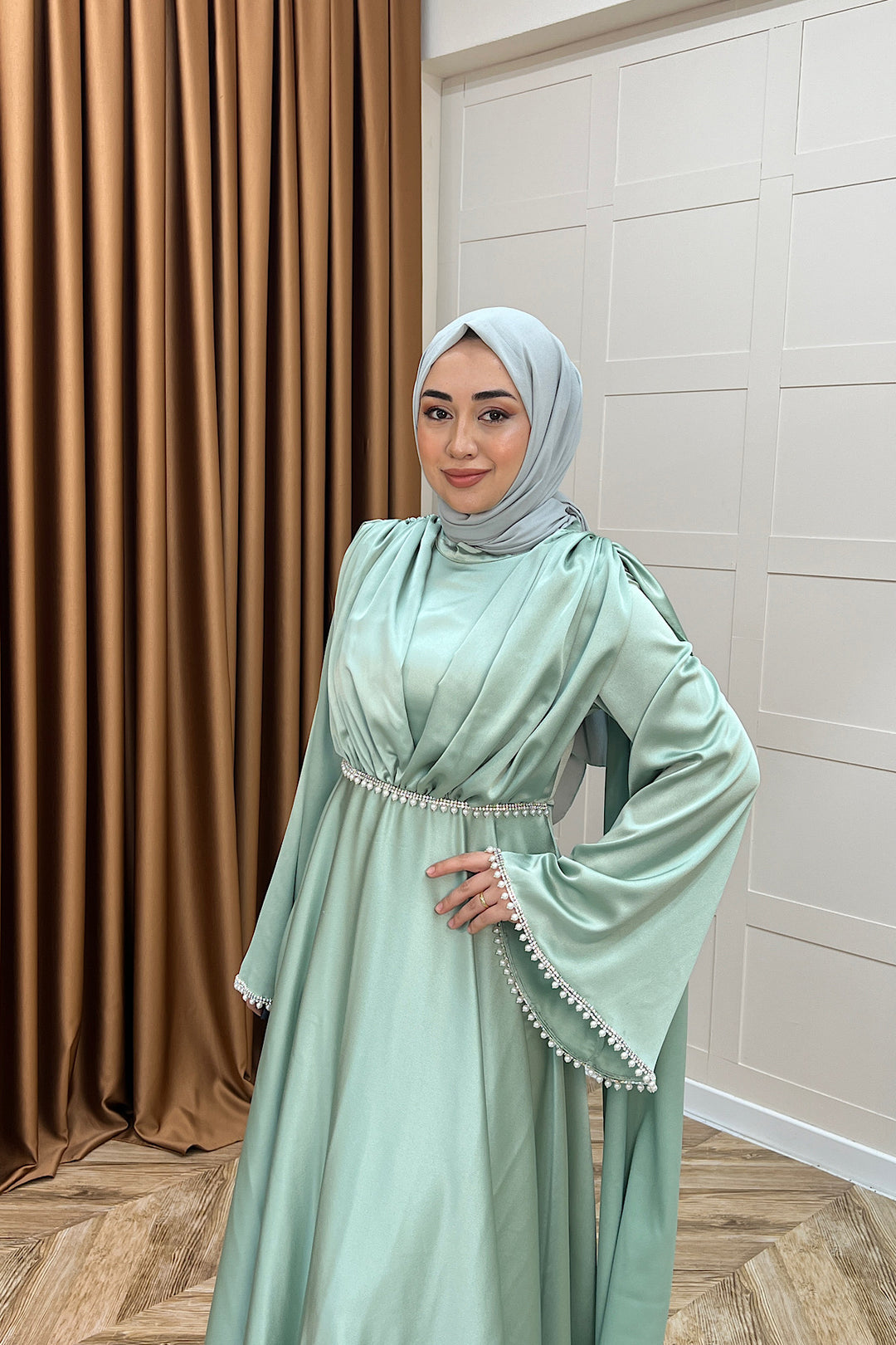 Elite İnci Detay Abiye Mint Mavisi 3098-MINTMAVISI