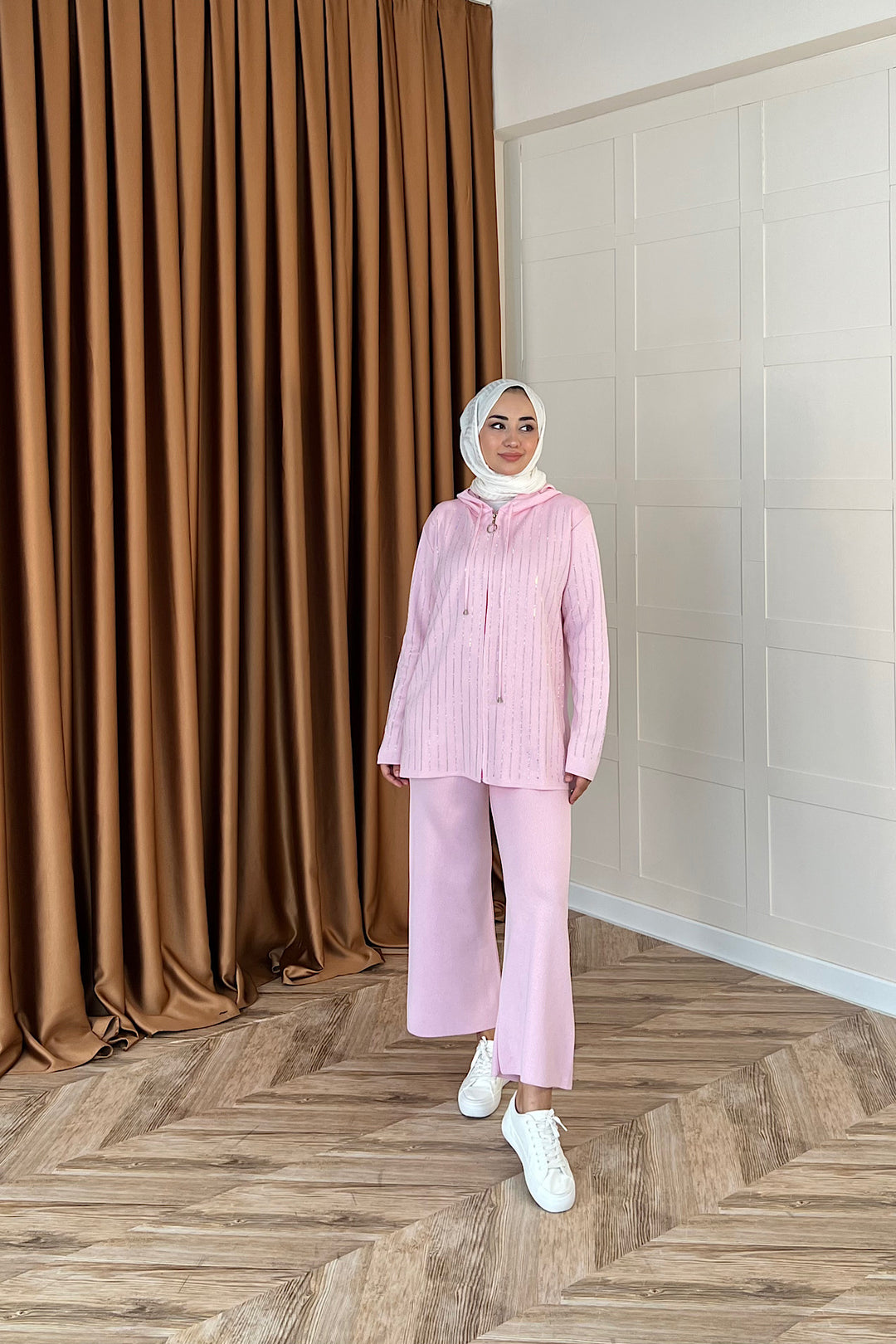 Eros Kapüşonlu Taşlı Triko Takım Pembe 25340-PEMBE