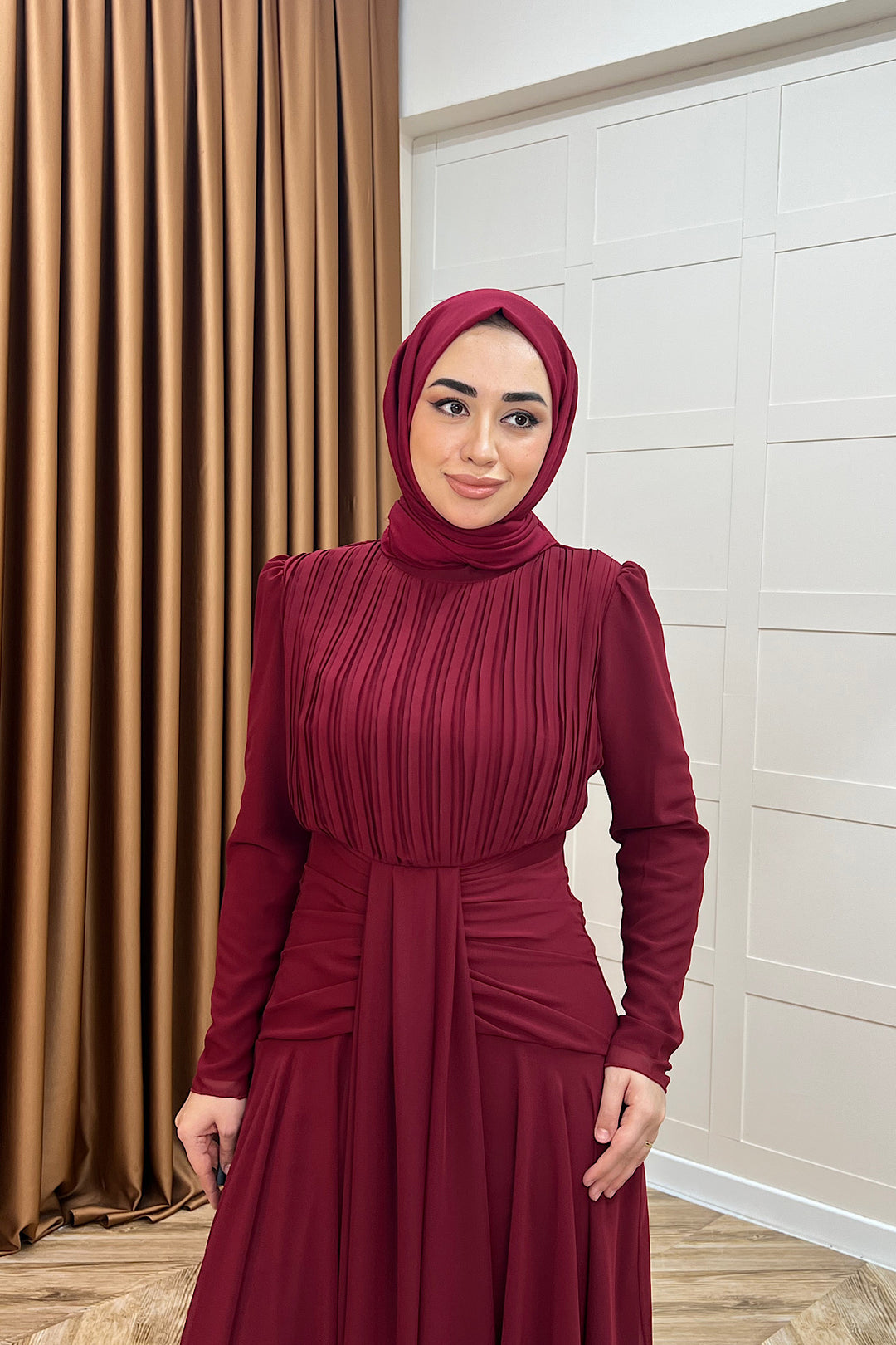 Elanor Bel Detay Şifon Abiye Bordo 3092-BORDO