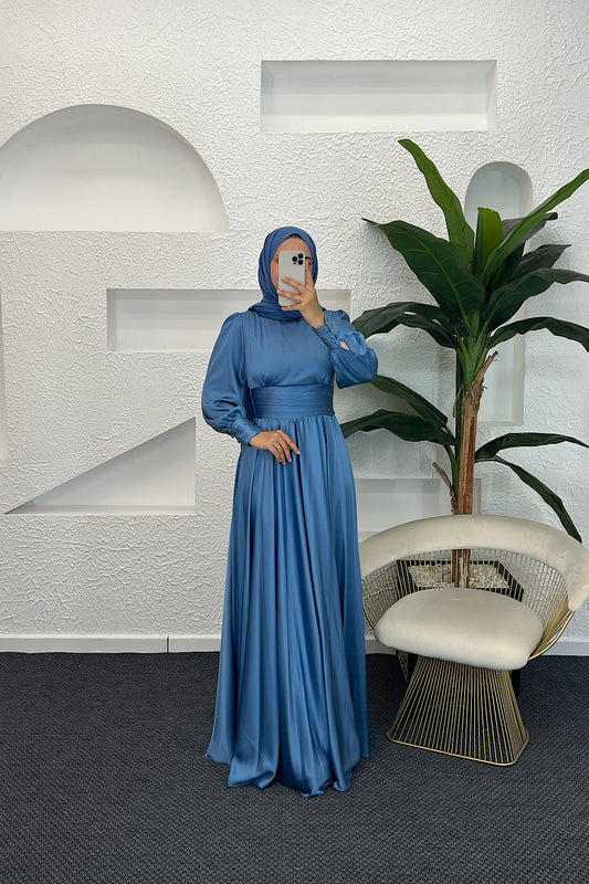 Beli Piliseli Saten Abiye İndigo 04340-INDIGO