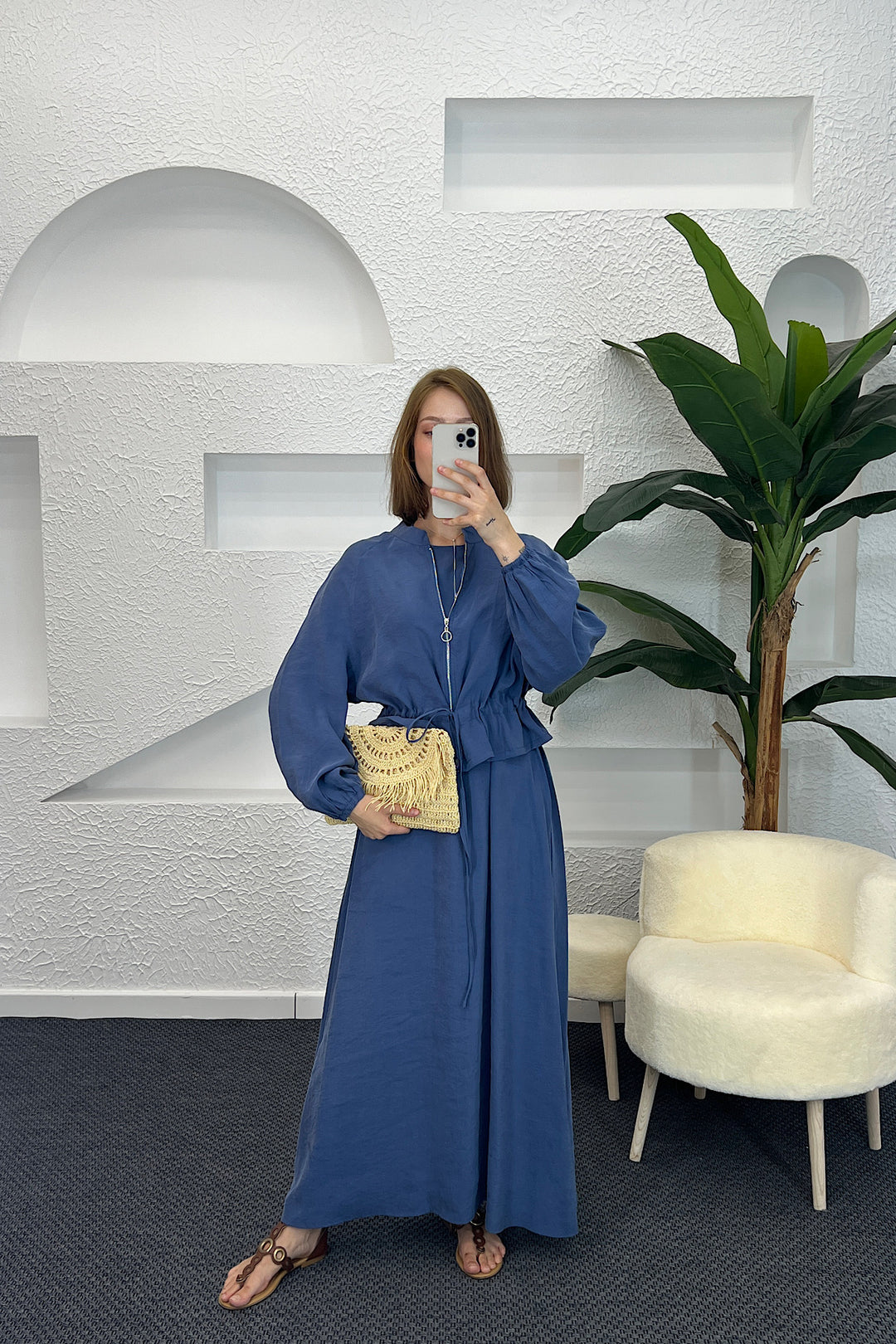 Belden Büzgülü Fermuar Detay Elbise İndigo 2889-INDIGO