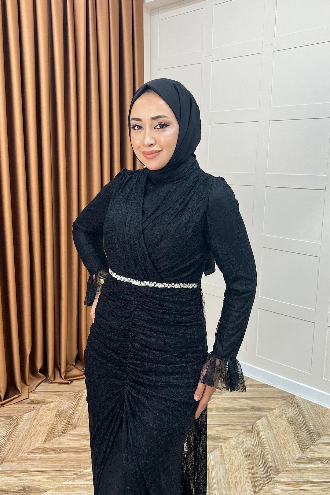 Sofia Taş Detay Dantel Abiye Siyah 3108-SIYAH