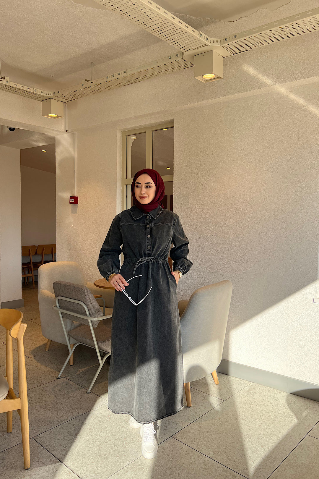 Yarım Patlı Kot Elbise Antrasit 02789-ANTRASIT