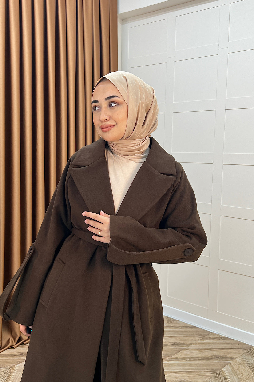 Kol Detay Kaşe Kaban Kahverengi 5522-KAHVERENGI