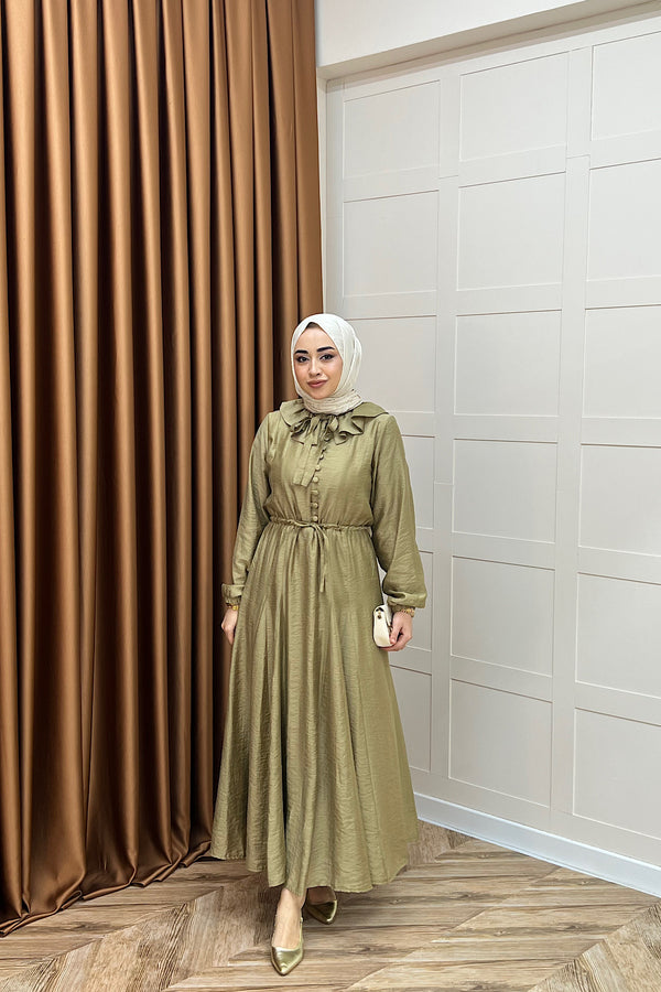 Lena Vual Elbise Yağ Yeşili 2990-YAGYESILI