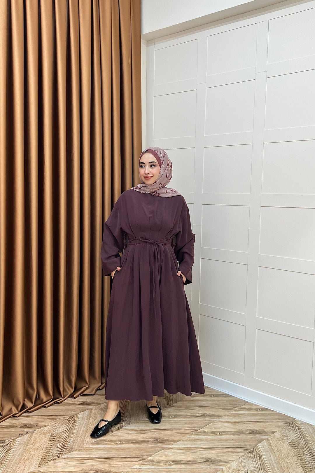 Belden Bağlamalı Cupra Elbise Mürdüm 5013-MURDUM