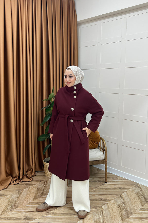 Siena Kuşaklı Kaşe Kaban Bordo 5537-BORDO
