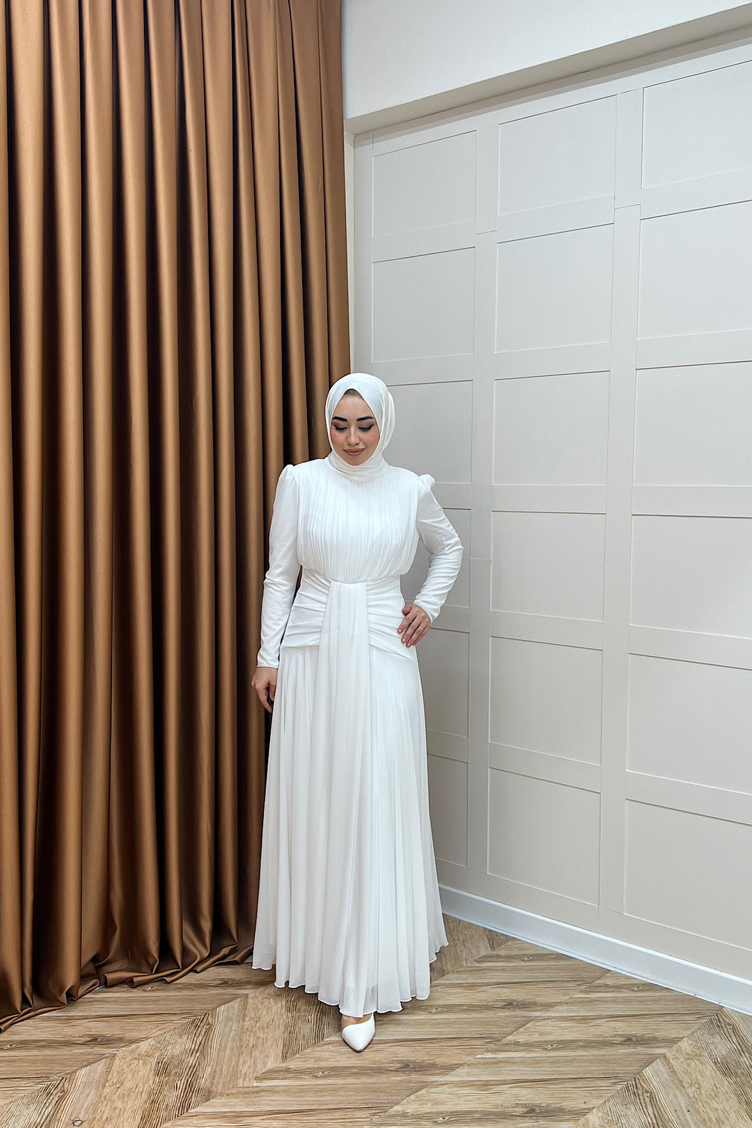 Elanor Bel Detay Şifon Abiye Beyaz 3092-BEYAZ