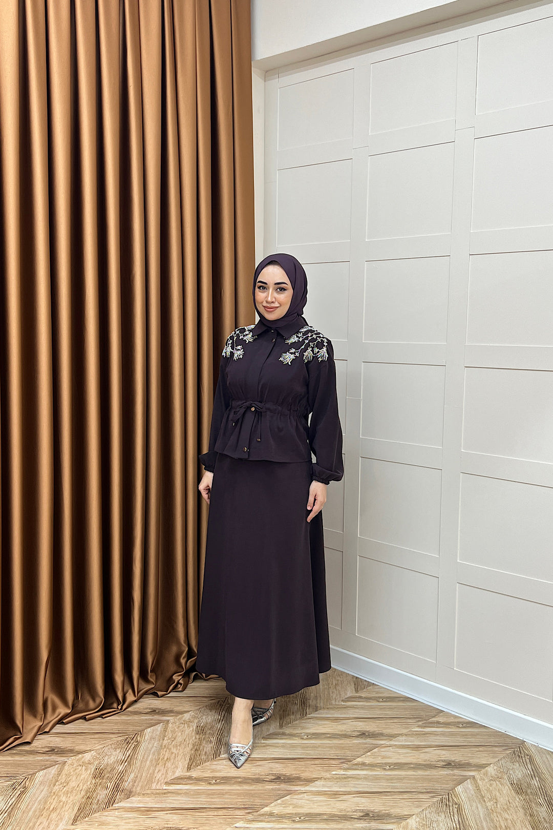 Laura Taş İşlemeli Etek Takım Mürdüm 02969-MURDUM
