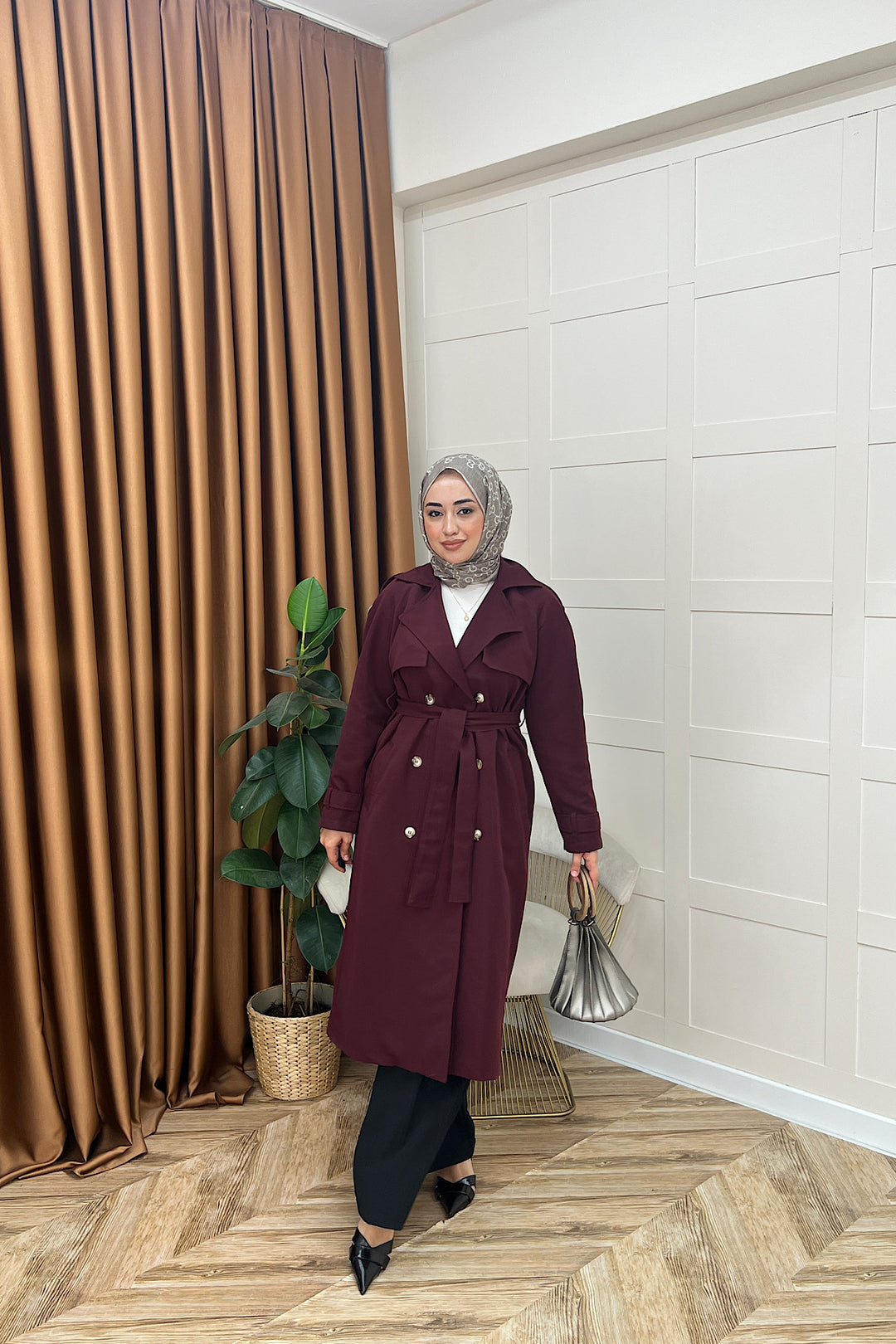 Hazel Astarlı Trençkot Bordo 5532-BORDO