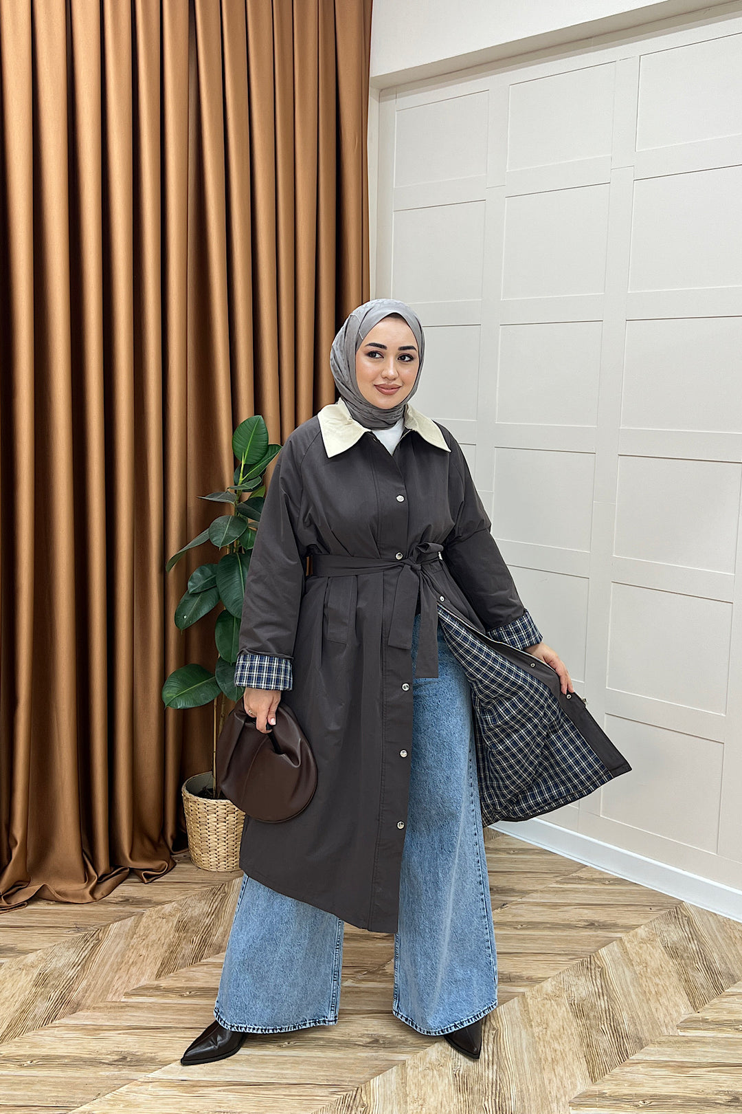 Dora Kuşaklı Uzun Trençkot Kahverengi 62613-KAHVERENGI