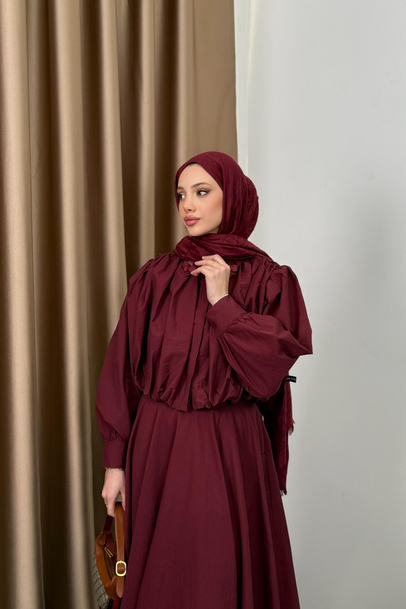 Çiçek Aksesuarlı Poplin Etekli Takım - Bordo - 2