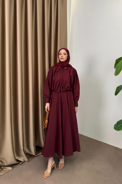 Çiçek Aksesuarlı Poplin Etekli Takım - Bordo - 3