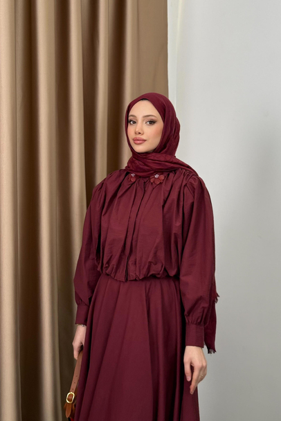 Çiçek Aksesuarlı Poplin Etekli Takım - Bordo - 4