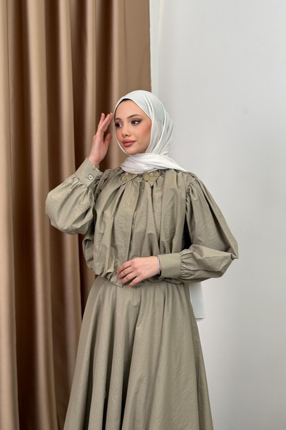 Çiçek Aksesuarlı Poplin Etekli Takım - Haki - 5