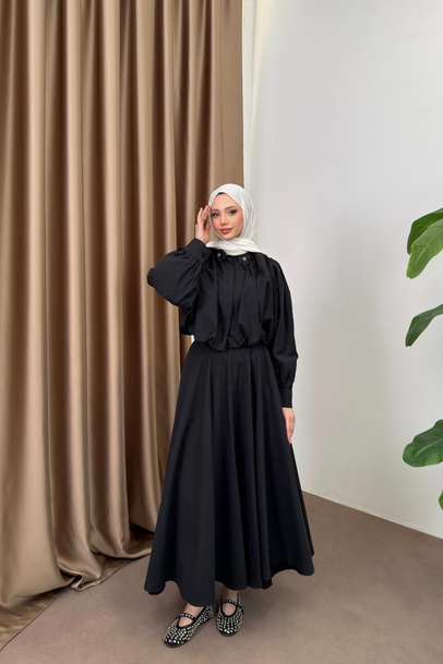 Çiçek Aksesuarlı Poplin Etekli Takım - Lacivert - 3