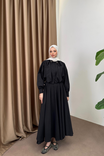 Çiçek Aksesuarlı Poplin Etekli Takım - Lacivert - 5
