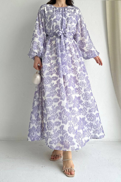 Çiçek Model Elbise - Lila - 3
