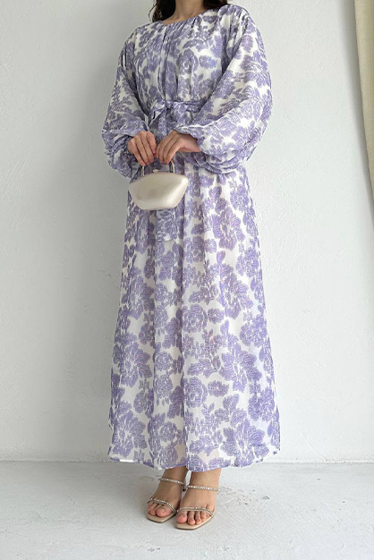 Çiçek Model Elbise - Lila - 4