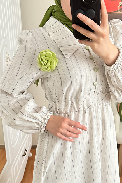 Modam Afra - Çizgili Çiçek Broşlu Elbise - Asit Yeşili (1)