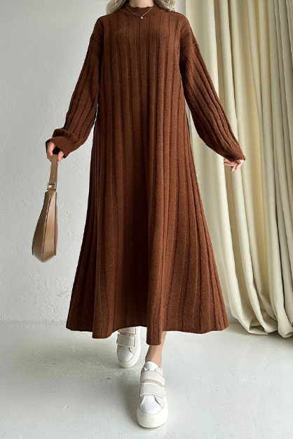 Modam Afra - Çizgili Triko Elbise - Kahverengi
