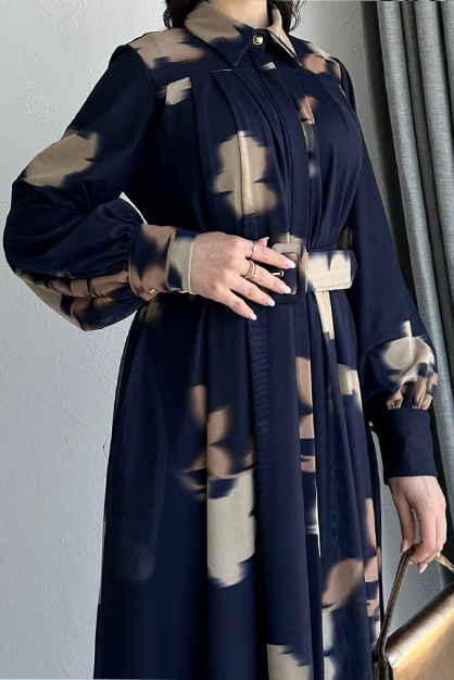 Modam Afra - Desenli Ferace Elbise-Lacivert (1)