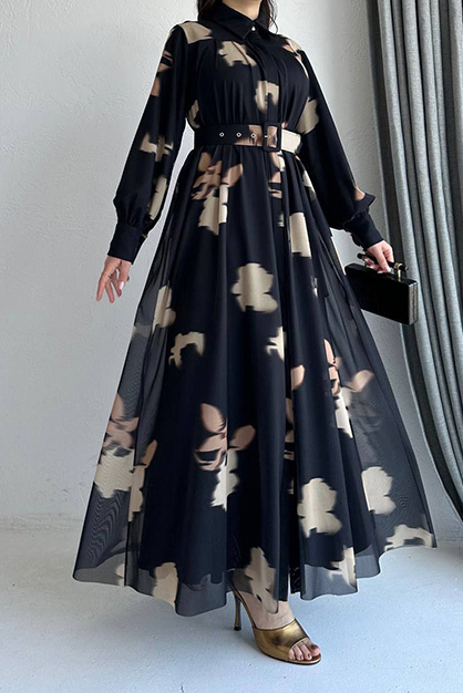 Modam Afra - Desenli Ferace Elbise-Siyah