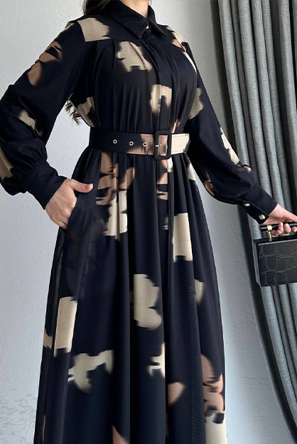 Modam Afra - Desenli Ferace Elbise-Siyah (1)