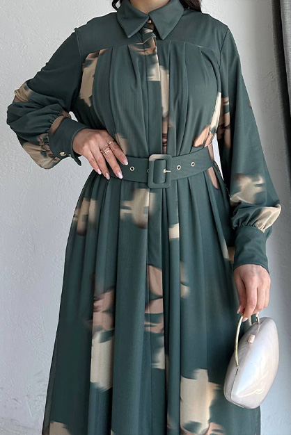 Modam Afra - Desenli Ferace Elbise-Yeşil (1)