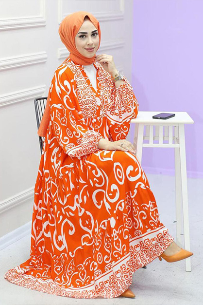 Modam Afra - Desenli Viskon Elbise -Oranj
