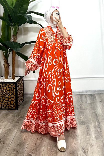 Modam Afra - Desenli Viskon Elbise -Oranj (1)