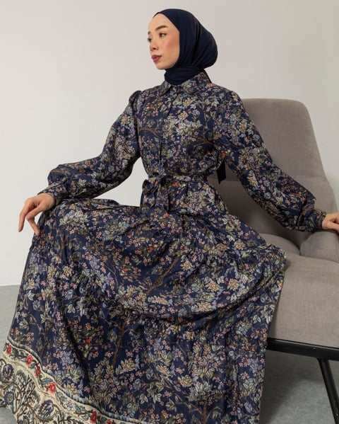 Desenli Yaka Detaylı Lacivert Elbise - 3