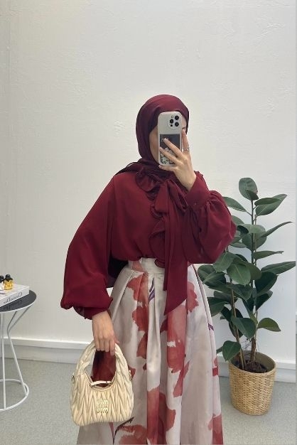 Dijital Baskı Etek Bluz Takım Bordo - Modam Afra (1)