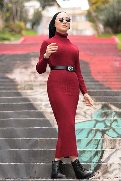 Modam Afra - Boğazlı Triko Elbise - Bordo