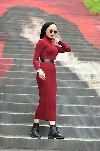 Modam Afra - Boğazlı Triko Elbise - Bordo (1)