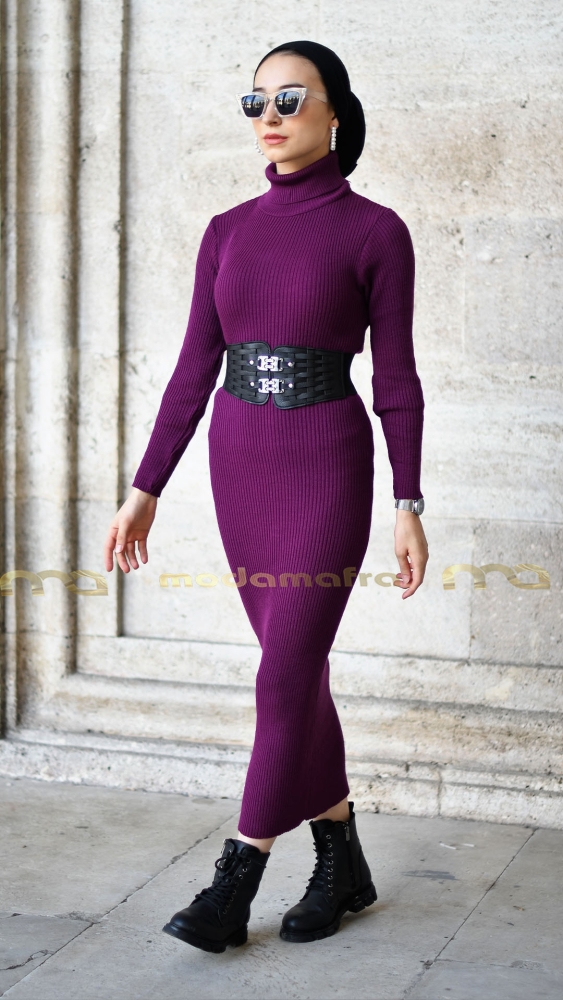 Modam Afra - Boğazlı Triko Elbise - Fuşya