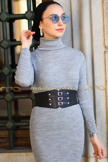 Modam Afra - Boğazlı Triko Elbise - Gri