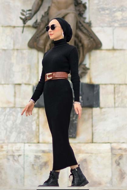 Modam Afra - Boğazlı Triko Elbise - Siyah (1)